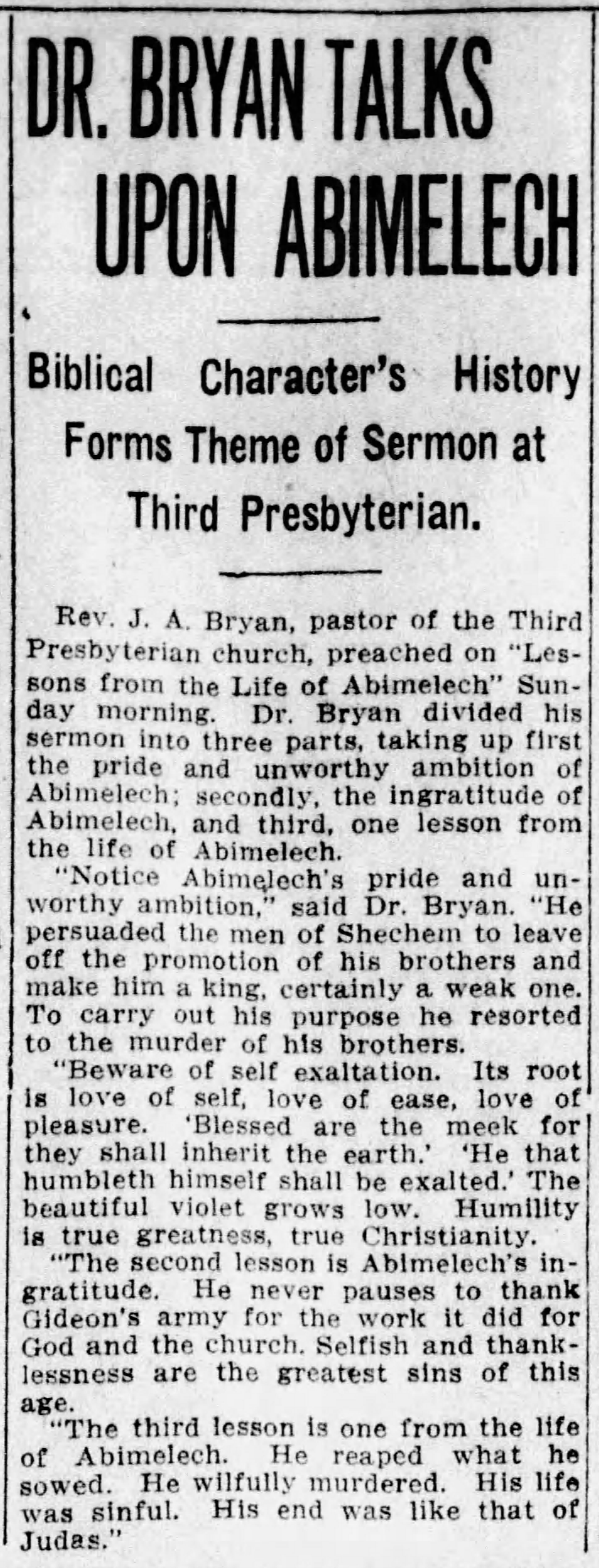 Dr. Bryan Talks Upon Abimelech